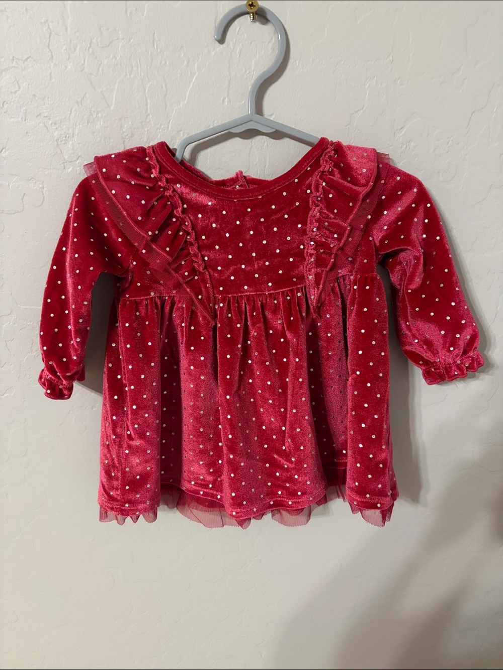 Cat & Jack Red Velvet Polka Dot Long Sleeve Ruffle Top